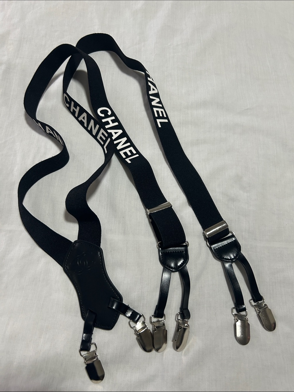 CHANEL Black and White Logo Suspenders Unisex